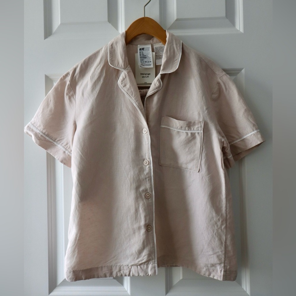 H&M Linen Blend Pajama Set, Light Pink Linen Shorts PJ Set, Size XS